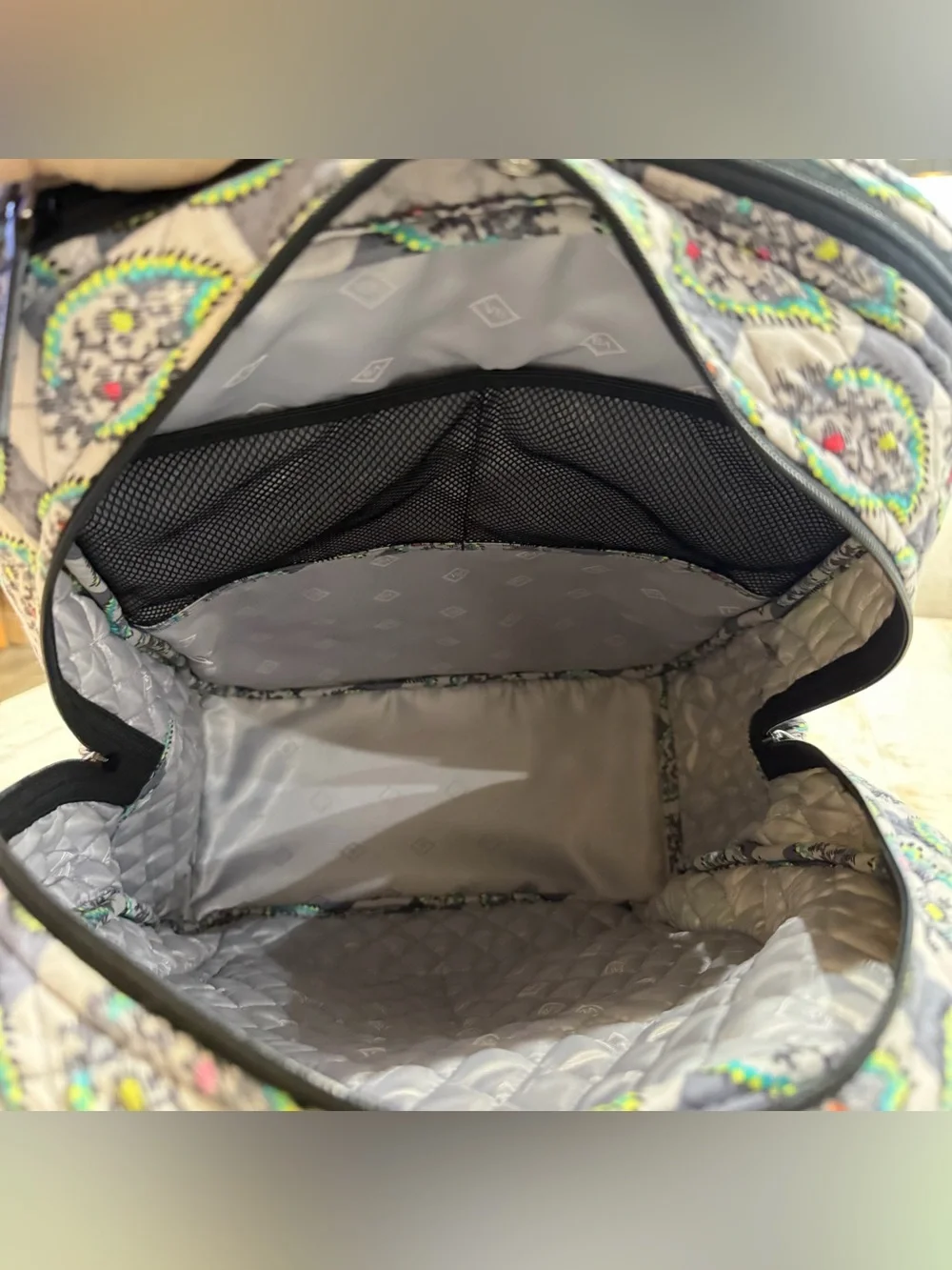 Vera Bradley Backpack Campus Tech Laptop Bag Gray Quilted Green & Pink Accents